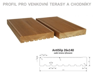 Prkno terasové a bazénové, zadní rýhování AntiSlip 26 x 140 x 3000 mm - THERMOWO
